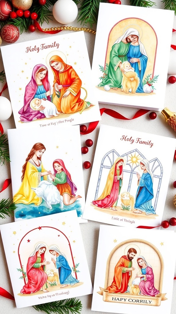 Handmade Christmas Cards Featuring the Holy Family Handmade Christmas cards with Holy Family designs in various artistic styles.